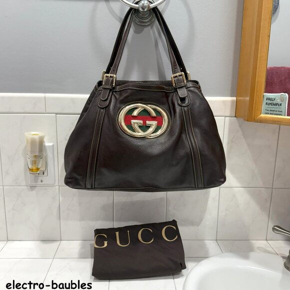 Gucci Britt GG Red Green Web Hobo Soho Leather Dark Brown Tote - MINT! - Picture 2 of 14